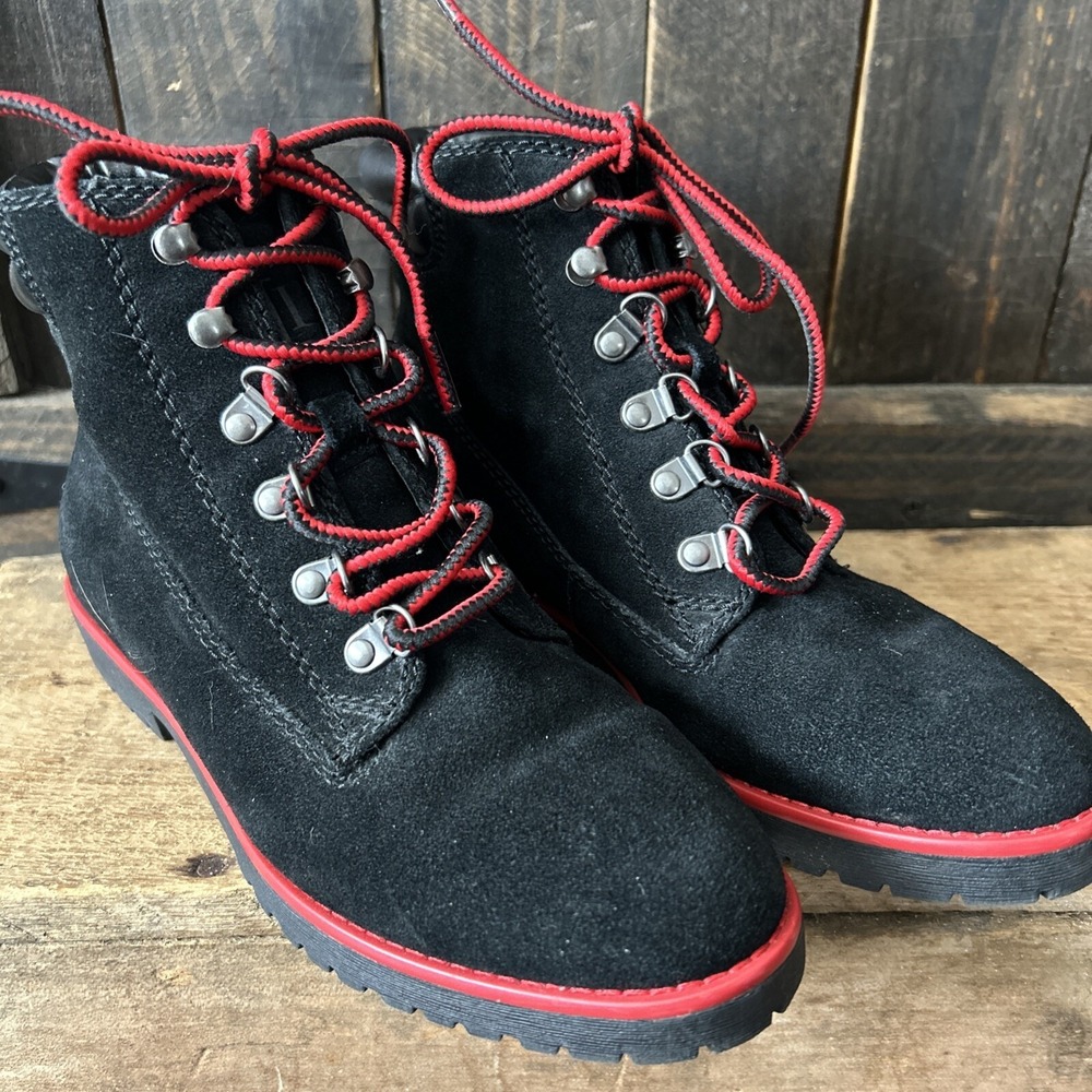 Ralph‎ Lauren Mikelle Black Oil Suede Red Trim Hiking Boots 5.5 EUC